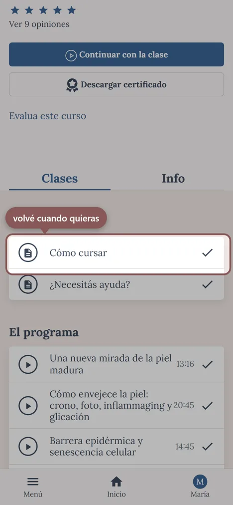 Las clases vistas quedan con un tilde